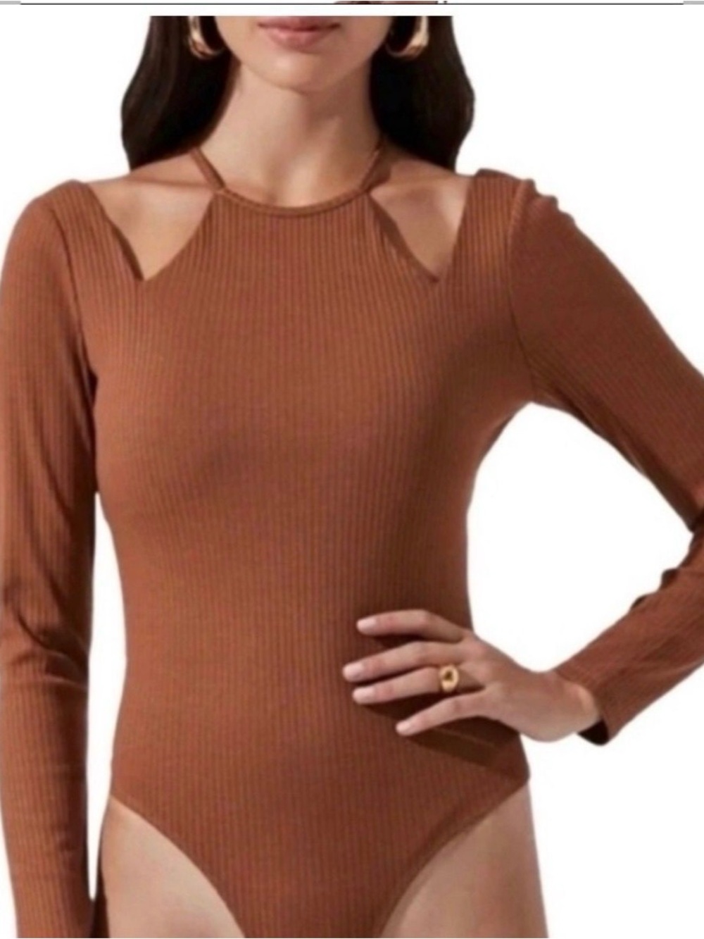 Astr Kids Ribbed Cold-Shoulder One-Piece in Caramel
